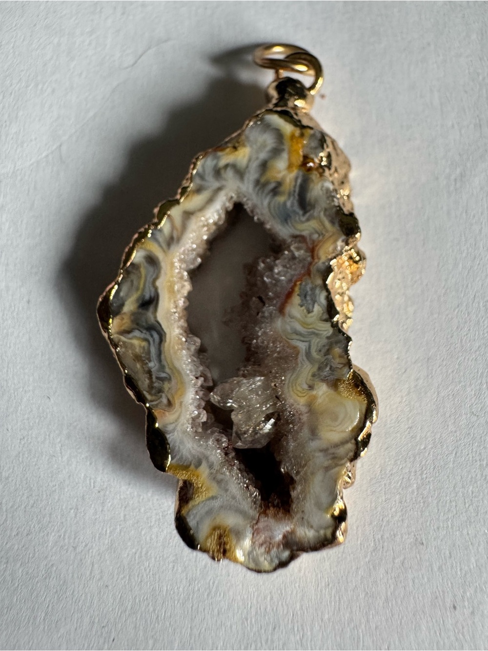 Agate and Quartz Druzy gold tone trim pendant